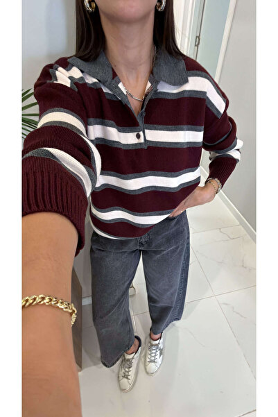 BİRCANÇİL Korde Burgundy Anthracite Polo Collar Striped Knitwear