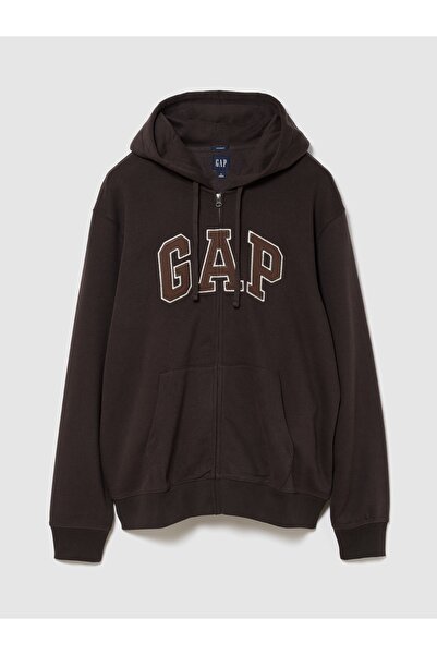 GAP Erkek Koyu Kahverengi VintageSoft Arch Logo Tam Fermuarlı Sweatshirt