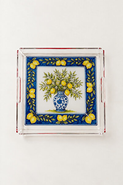 Varbifırsat 30,5 x 30,5 cm 4 mm Şeffaf Akrilik Limon Desenli Dekoratif Sunum Tepsisi