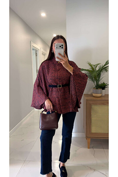 BİRCANÇİL Nore Colorful Tweed Belted Poncho Coat