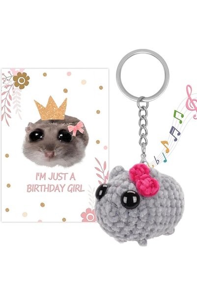 GENERAL TikTok Sad Hamster Meme Bow Keychain with Sound - Hand-Knitted Adorab...