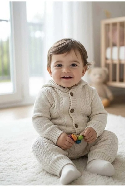 ERSİN BEBE Unisex Triko Peluş Astarlı Bej Tulum