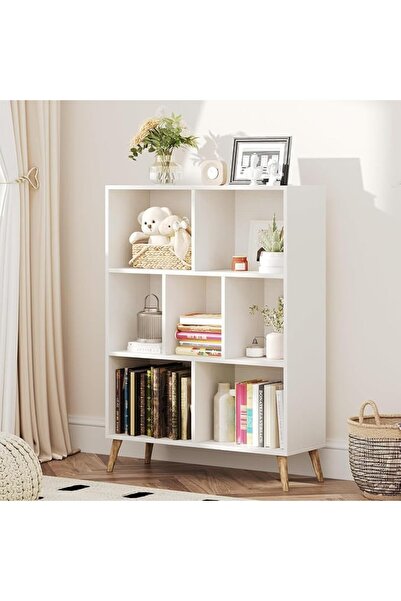 Bentifar 7-Cube Wooden Bookshelf, 3-Tier Modern White Bookcase with Legs, Flo...