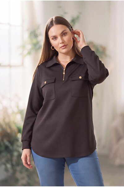RMG Collar Zipper Detailed Plus Size Knitted Modal Blouse Black