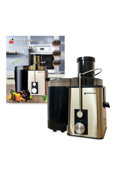 hoffmans Storcator pentru Fructe și Legume HM-620, 800W, Recipient pentru suc 600 ml, 2 Viteze + Funcție Pulse, Tub de alimentare 65 mm, Filtru din Oțel Inoxidabil, Sistem Anti-Curgere, Negru-Auriu