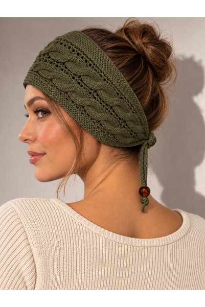 Irmak Kerekli Women's cotton knit bandana | braided hair ear warmer headband 71320 khaki