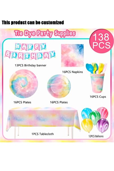 MKATECH 138Pcs Tie Dye Birthday Party Supplies Set, Disposable Paper Plates C...