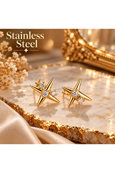 stainless steell Gold Color Antiallergic Polar Star Model Steel Earrings