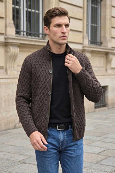 Çizgi Triko Men's Zippered and Buttoned Cardigan Thick Knit Knitwear Classic ...