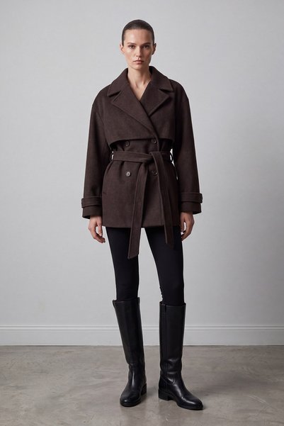 Soul Short Cashmere Coat with Sleeve Cuff Detail, Brown