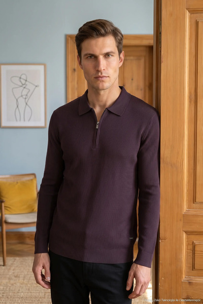 Çizgi Triko Men's Zippered Polo Collar Plum Sweater Ribbed Textured Thin Knit...