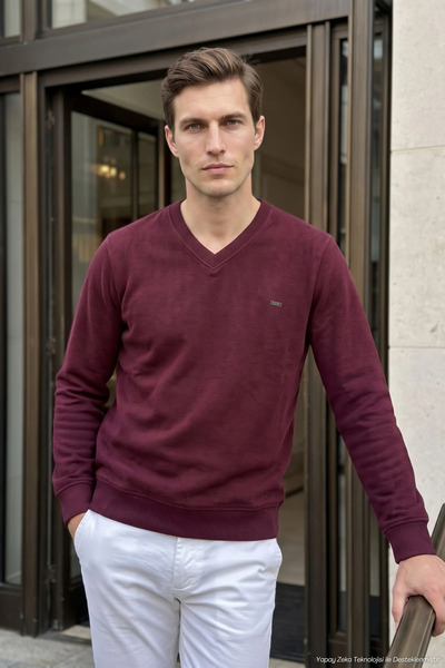 Çizgi Triko Men's V-Neck Burgundy Sweater Thessaloniki Knit Solid Color Class...