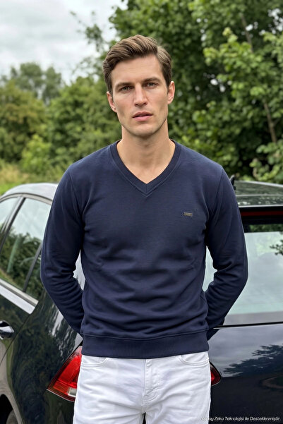Çizgi Triko Men's V-Neck Navy Blue Sweater Thessaloniki Knit Solid Color Clas...