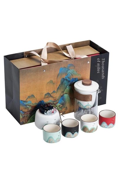 Tradeo Ceramic Tea Set with Glass Teapot, 4 Cups, Tea Container & Gift Box