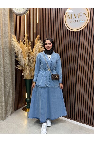 Fashionbox Niva Brooch Detailed Skirted Denim Suit |   Blue