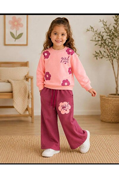 is kids wear Kız Çocuk Çiçek Kabartma Baskılı Sweatshirt Ve Çiçek Baskılı Fla...