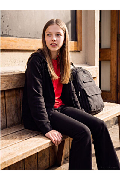 LC Waikiki Black Hooded Girl's Zippered Sweatshirt