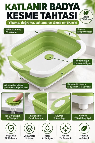 Binbirreyon Folding Basin with Cutting Board and Water Drain 30X39Cm Ra611