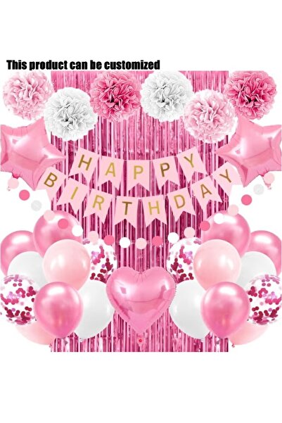 BEFACL Happy Birthday Banner, Pink White Confetti Balloons, Tissue Pom Pom Fl...
