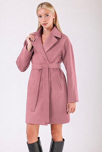 Leather Club Açık Pembe Mavi Oversize Kaşmir Kaban