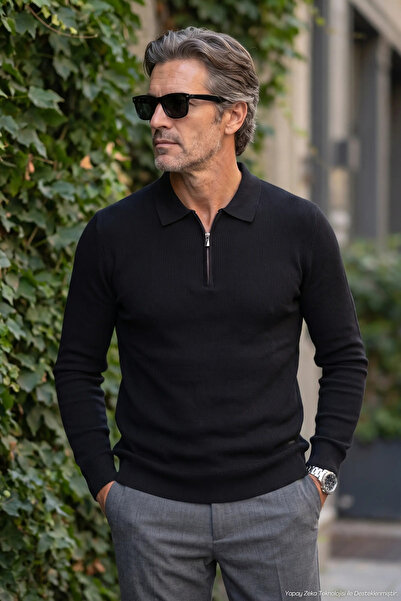 Çizgi Triko Men's Zippered Polo Collar Black Sweater Ribbed Textured Thin Kni...