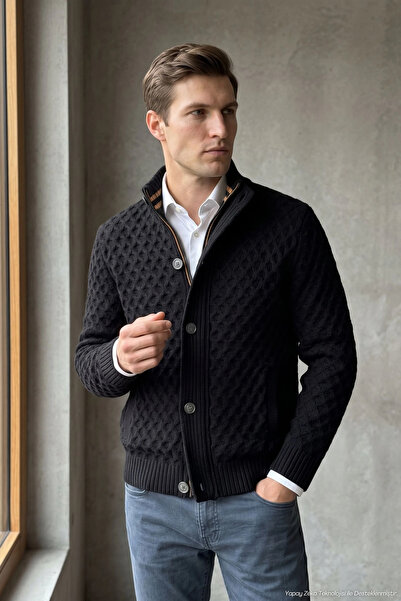 Çizgi Triko Men's Zippered and Buttoned Cardigan Thick Knit Knitwear Classic ...