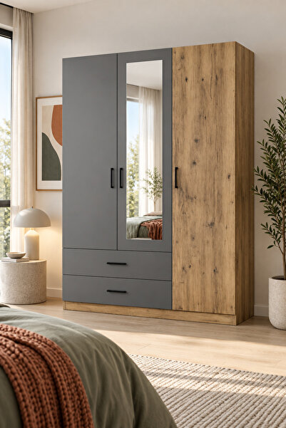 sawinno home&sleep Kuzey- 3 Kapaklı, Aynalı Gardırop- 2 Çekmeceli, Raflı ve A...