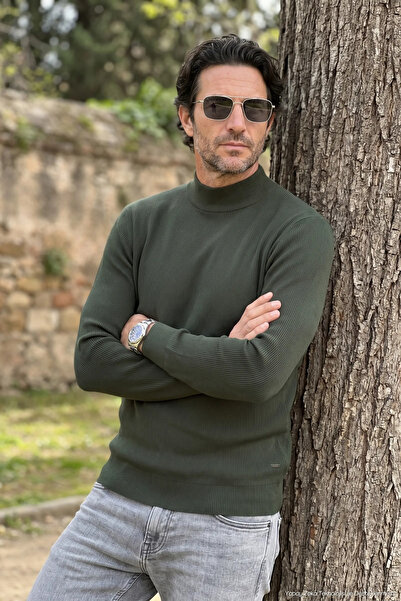 Çizgi Triko Men's Half Fisherman Khaki Sweater Slim Ribbed Patterned Classic ...