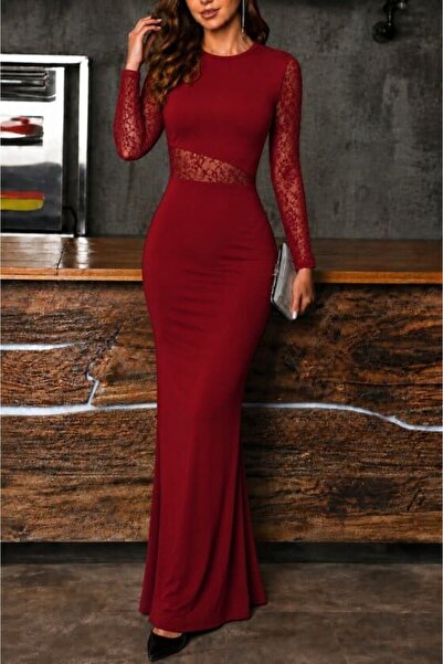 MERİDE Long Sleeve Crew Neck Lace Detailed Long Janjan Crepe Dress-62678-Red