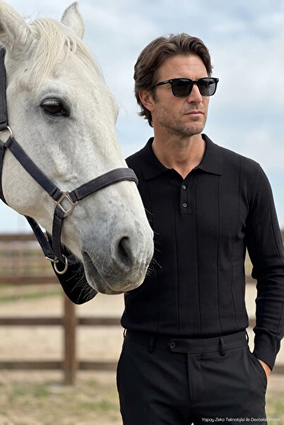 Çizgi Triko Men's Polo Collar Black Sweater Vertical Striped Knitwear Classic...
