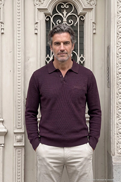 Çizgi Triko Men's Polo Collar Knitwear Cotton Claret Red Sweater Bird Eye Pat...