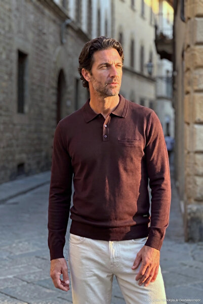 Çizgi Triko Men's Polo Collar Plain Knitwear Cotton Plum Sweater Steel Knit C...