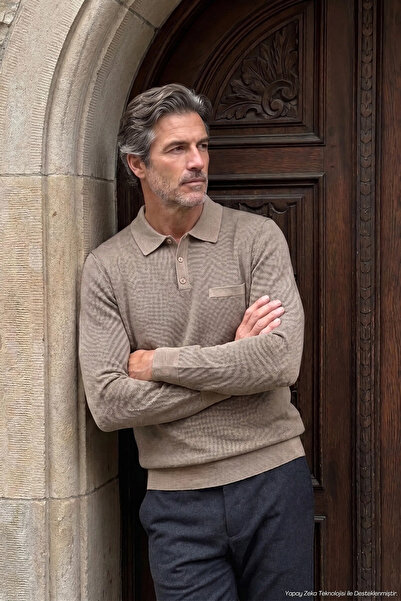Çizgi Triko Men's Polo Collar Knitwear Cotton Mink Sweater Bird Eye Patterned...