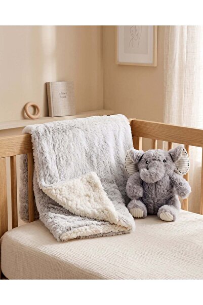 REDTAG Grey Textured Blanket With Toy 2 Piece Set