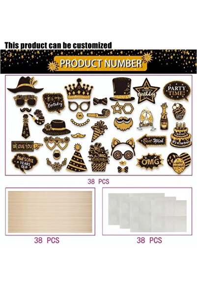 Generic Brand 38 Pieces Black Gold Glitter Photo Booth Props Kit, Funny Selfi...