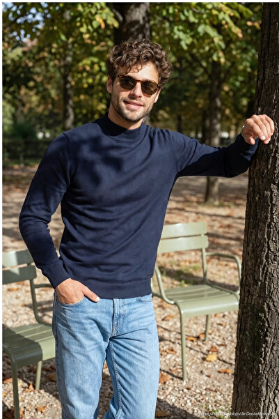 Çizgi Triko Men's Half Turtleneck Plain Knitwear Cotton Navy Blue Sweater Ste...