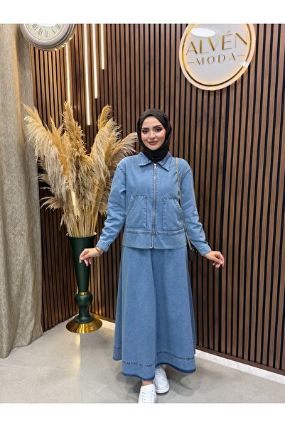 Fashionbox Rina Zipper Detailed Skirted Denim Suit |   Blue