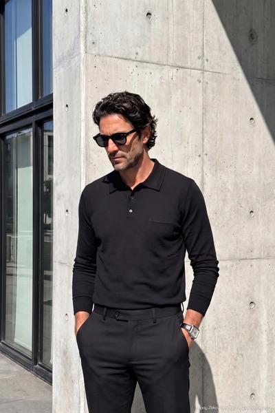 Çizgi Triko Men's Polo Collar Plain Knitwear Cotton Black Sweater Steel Knit ...