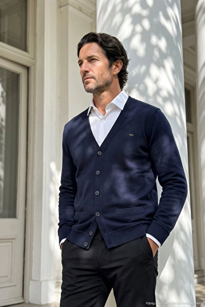 Çizgi Triko Men's Buttoned Cardigan Thessaloniki Knit V-Neck with Pockets Cla...