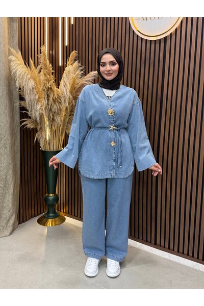 Fashionbox Norelya Brooch Detailed Trousers and Jeans Set |   Blue