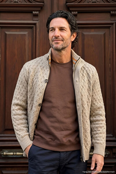 Çizgi Triko Men's Zippered and Buttoned Cardigan Thick Knit Knitwear Classic ...