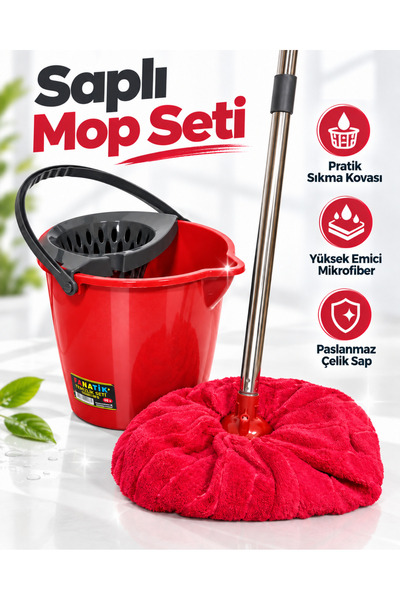 Fanatik Temizlik Mop Seti - Yuvarlak Mop ve Su Kovası Sıkma Hazneli 12 LT ve ...