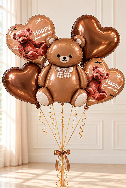 Baloncu Nene Happy Anniversary Teddy Bear Foil Balloon Set 5-Piece Heart Ball...