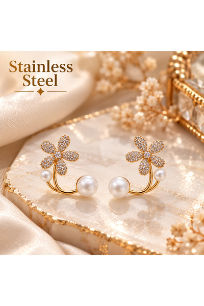 stainless steell gold renk kararmaz altın kaplama incili çiçek model küpe