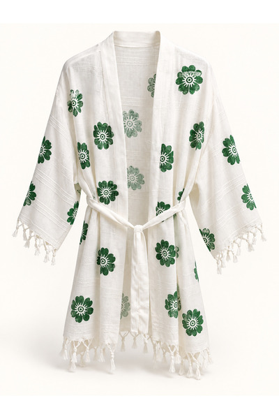 %100 Organik Keten Çiçek Desenli El İşçiliği Kimono