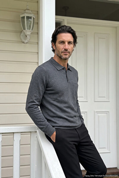 Çizgi Triko Men's Polo Collar Plain Knitwear Cotton Dark Gray Sweater Steel K...