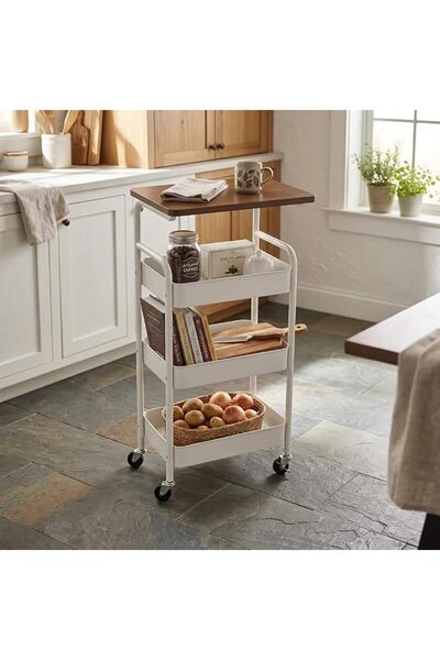 MARIA HOMES Rolling Utility Cart with Wooden Top, 4 Tier Storage Trolley on W...