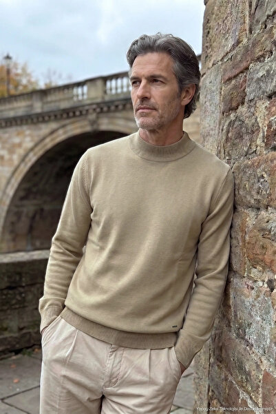 Çizgi Triko Men's Half Turtleneck Plain Knitwear Cotton Mink Sweater Steel Kn...