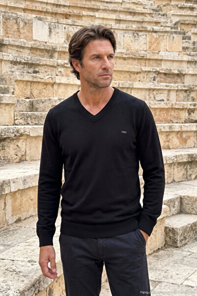 Çizgi Triko Men's V-Neck Black Sweater Thessaloniki Knit Solid Color Classic ...