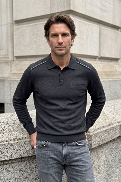 Çizgi Triko Men's Polo Collar Smoked Sweater with Cotton Shoulder Stripe Deta...